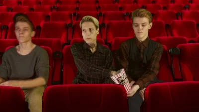 Cinema hall. Group Sex. 3some 2 tops 1 bottom